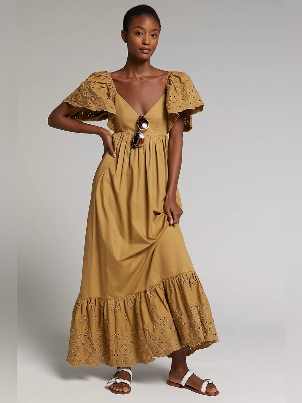En Saison Hayley Flounced Maxi Dress mustard green eyelet